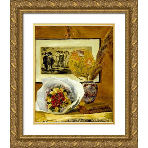 Still Life with Bouquet Gold Ornate Wood Framed Art Print with Double Matting by Renoir, Pierre-Auguste