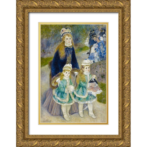 Mother and Children (La Promenade) Gold Ornate Wood Framed Art Print with Double Matting by Renoir, Pierre-Auguste