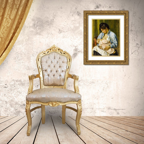A Woman Nursing a Child Gold Ornate Wood Framed Art Print with Double Matting by Renoir, Pierre-Auguste