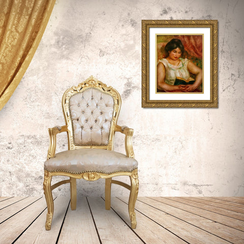 Gabrielle reading Gold Ornate Wood Framed Art Print with Double Matting by Renoir, Pierre-Auguste