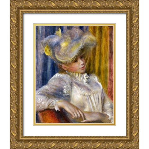 Woman with a Hat Gold Ornate Wood Framed Art Print with Double Matting by Renoir, Pierre-Auguste