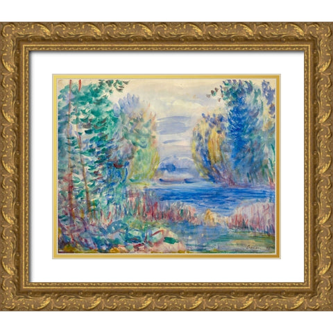 River Landscape, 1890 Gold Ornate Wood Framed Art Print with Double Matting by Renoir, Pierre-Auguste