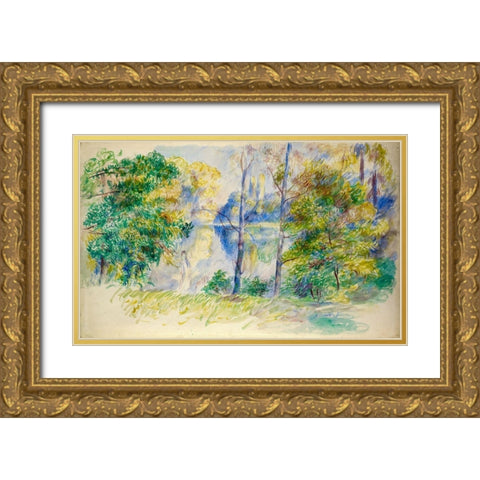 View of a Park Gold Ornate Wood Framed Art Print with Double Matting by Renoir, Pierre-Auguste