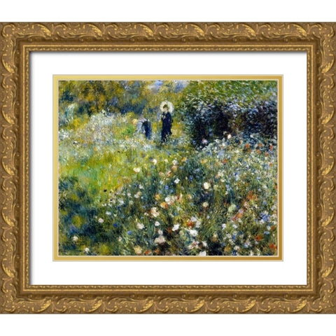 Woman with a Parasol in a Garden Gold Ornate Wood Framed Art Print with Double Matting by Renoir, Pierre-Auguste