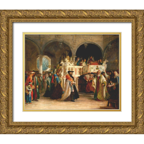 The Feast of the Rejoicing of the Law at the Synagogue Gold Ornate Wood Framed Art Print with Double Matting by Hart, Solomon Alexander