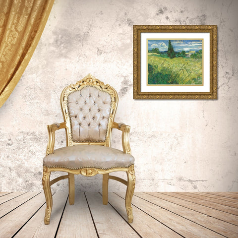 Green Field Gold Ornate Wood Framed Art Print with Double Matting by van Gogh, Vincent