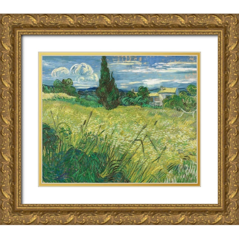 Green Field Gold Ornate Wood Framed Art Print with Double Matting by van Gogh, Vincent