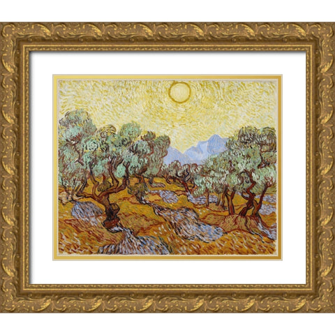 Olive Trees with yellow sky and sun Gold Ornate Wood Framed Art Print with Double Matting by van Gogh, Vincent