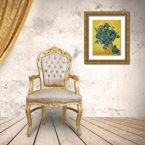Irises Gold Ornate Wood Framed Art Print with Double Matting by van Gogh, Vincent