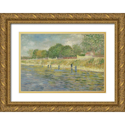 Bank of the Seine Gold Ornate Wood Framed Art Print with Double Matting by van Gogh, Vincent