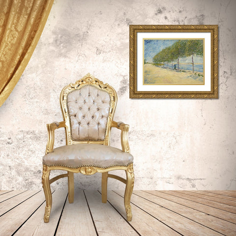 Along the Seine Gold Ornate Wood Framed Art Print with Double Matting by van Gogh, Vincent