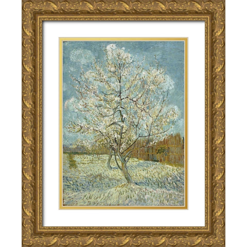 The pink peach tree Gold Ornate Wood Framed Art Print with Double Matting by van Gogh, Vincent