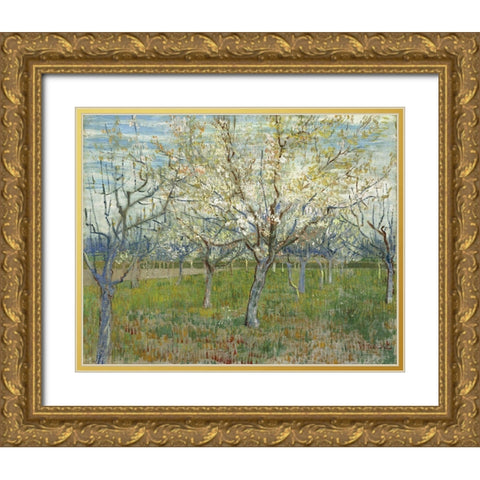 Orchard with Blooming Apricot Trees Gold Ornate Wood Framed Art Print with Double Matting by van Gogh, Vincent