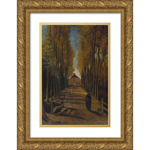 Avenue of poplars in autumn Gold Ornate Wood Framed Art Print with Double Matting by van Gogh, Vincent