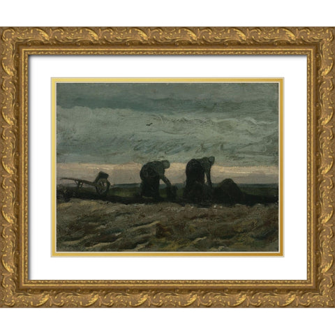 Two women on the heath Gold Ornate Wood Framed Art Print with Double Matting by van Gogh, Vincent