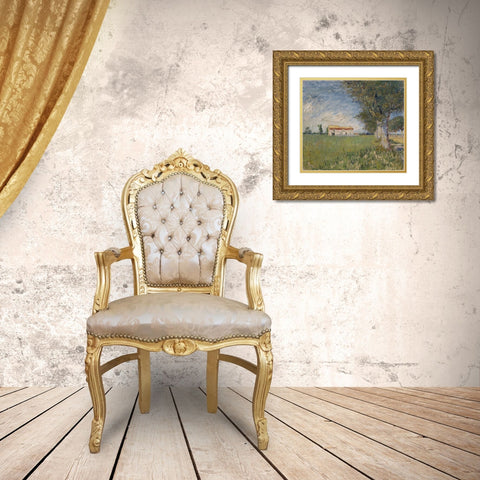 Farmhouse in a wheat field Gold Ornate Wood Framed Art Print with Double Matting by van Gogh, Vincent
