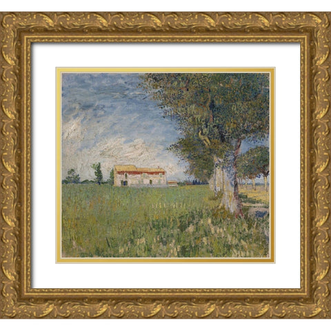 Farmhouse in a wheat field Gold Ornate Wood Framed Art Print with Double Matting by van Gogh, Vincent