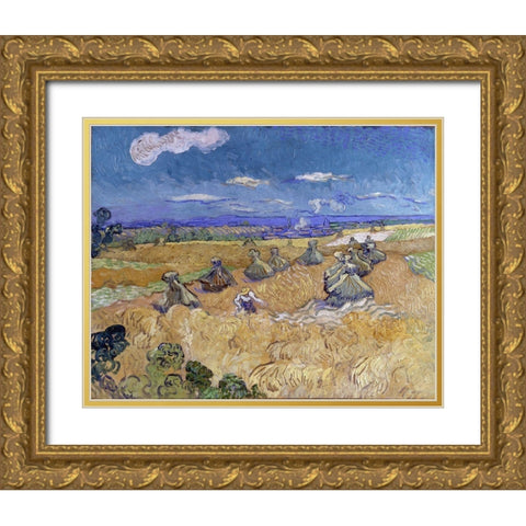 Wheat Stacks with Reaper Gold Ornate Wood Framed Art Print with Double Matting by van Gogh, Vincent