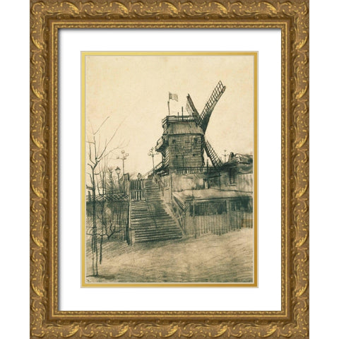 Moulin de la Galette Gold Ornate Wood Framed Art Print with Double Matting by van Gogh, Vincent