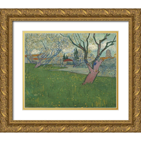 Orchards in blossom, view of Arles Gold Ornate Wood Framed Art Print with Double Matting by van Gogh, Vincent