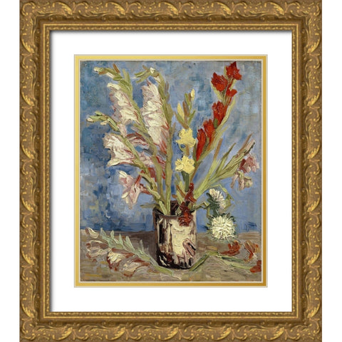 Vase with gladioli and China asters Gold Ornate Wood Framed Art Print with Double Matting by van Gogh, Vincent