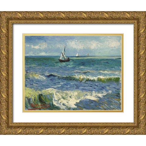Seascape near Les Saintes-Maries-de-la-Mer Gold Ornate Wood Framed Art Print with Double Matting by van Gogh, Vincent
