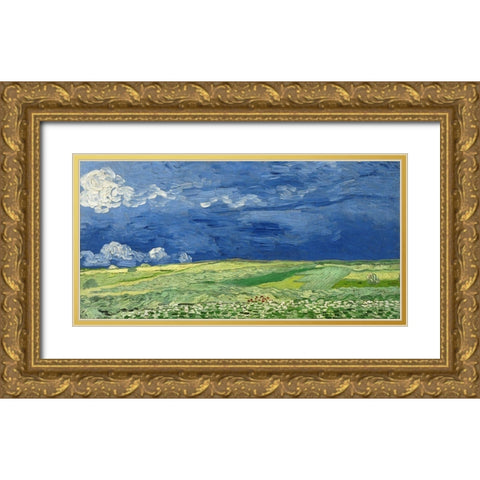 Wheatfield Under Thunderclouds Gold Ornate Wood Framed Art Print with Double Matting by van Gogh, Vincent
