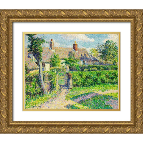 Peasants houses, Eragny Gold Ornate Wood Framed Art Print with Double Matting by Pissarro, Camille