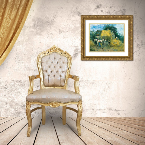 The Hay Cart, Montfoucault Gold Ornate Wood Framed Art Print with Double Matting by Pissarro, Camille