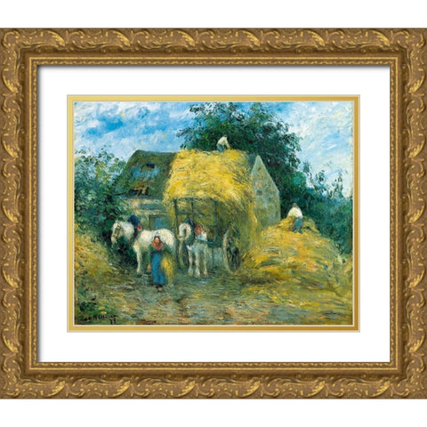 The Hay Cart, Montfoucault Gold Ornate Wood Framed Art Print with Double Matting by Pissarro, Camille
