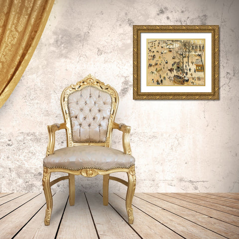 La Place due Theatre Francais Gold Ornate Wood Framed Art Print with Double Matting by Pissarro, Camille