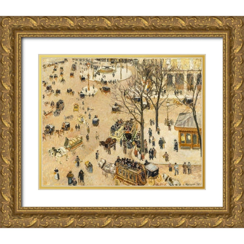 La Place due Theatre Francais Gold Ornate Wood Framed Art Print with Double Matting by Pissarro, Camille