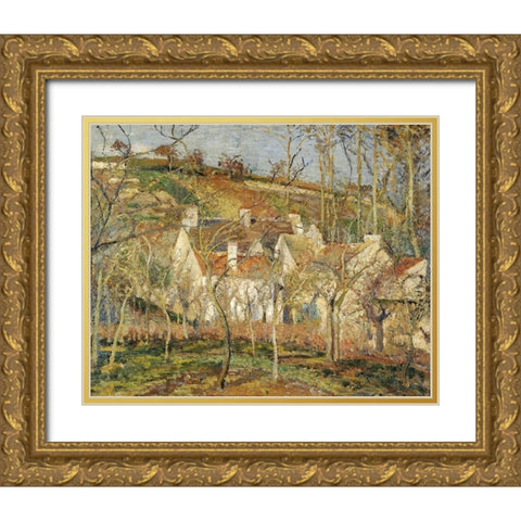 Red roofs, corner of a village, winter Gold Ornate Wood Framed Art Print with Double Matting by Pissarro, Camille