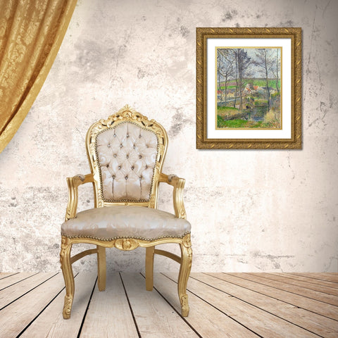 The banks of the Viosne at Osny in grey weather, winter Gold Ornate Wood Framed Art Print with Double Matting by Pissarro, Camille