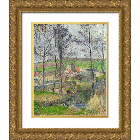 The banks of the Viosne at Osny in grey weather, winter Gold Ornate Wood Framed Art Print with Double Matting by Pissarro, Camille