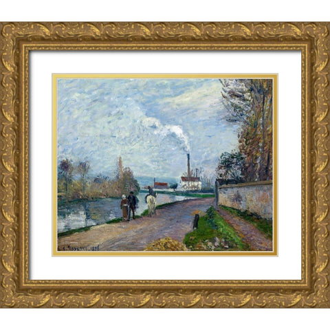 The Oise near Pontoise in Grey Weather Gold Ornate Wood Framed Art Print with Double Matting by Pissarro, Camille
