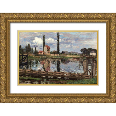 Banks of the Seine at Port Marly Gold Ornate Wood Framed Art Print with Double Matting by Pissarro, Camille