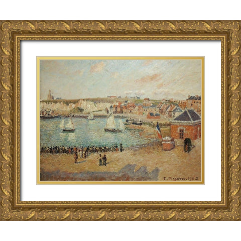 View of the Dieppe outer harbor Gold Ornate Wood Framed Art Print with Double Matting by Pissarro, Camille