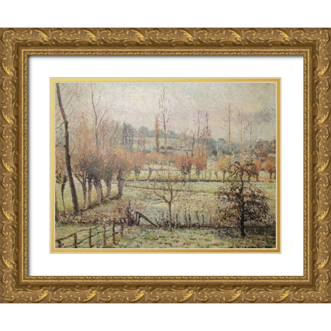 Snow effect at Eragny Gold Ornate Wood Framed Art Print with Double Matting by Pissarro, Camille