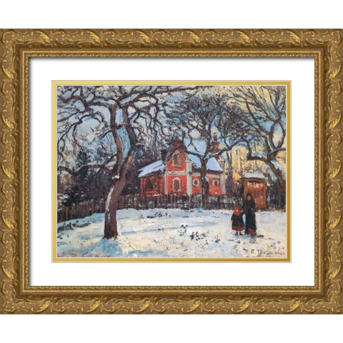 Chestnut trees in Louveciennes Gold Ornate Wood Framed Art Print with Double Matting by Pissarro, Camille