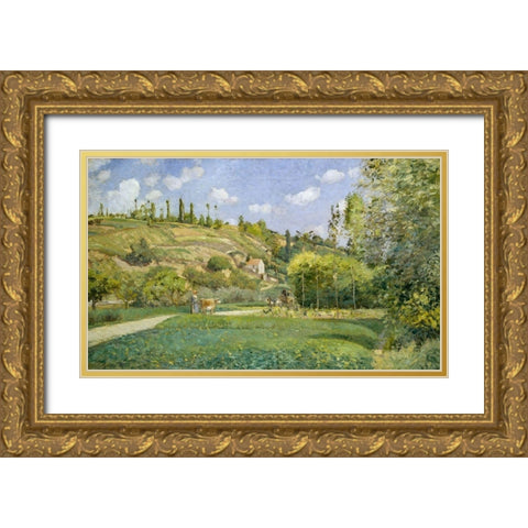 A Cowherd at Valhermeil, Auvers-sur-Oise Gold Ornate Wood Framed Art Print with Double Matting by Pissarro, Camille