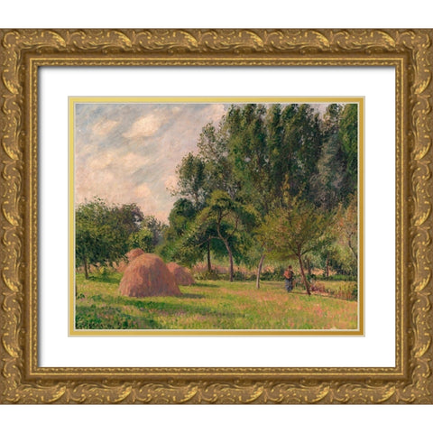 Haystacks, Morning, Eragny Gold Ornate Wood Framed Art Print with Double Matting by Pissarro, Camille