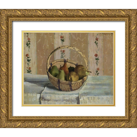 Still Life. Apples and Pears in a Round Basket Gold Ornate Wood Framed Art Print with Double Matting by Pissarro, Camille