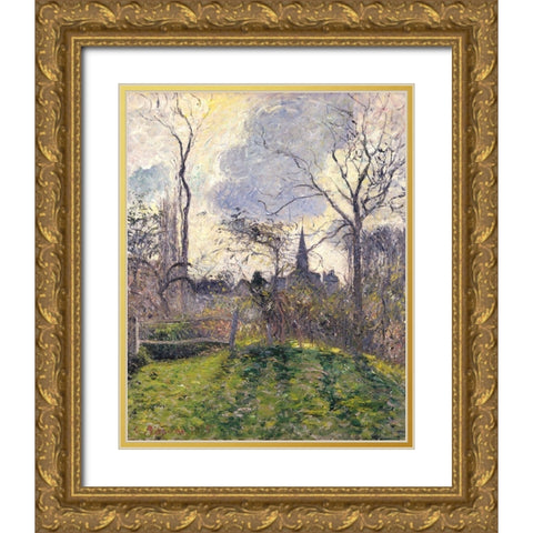 The Bell Tower of Bazincourt Gold Ornate Wood Framed Art Print with Double Matting by Pissarro, Camille