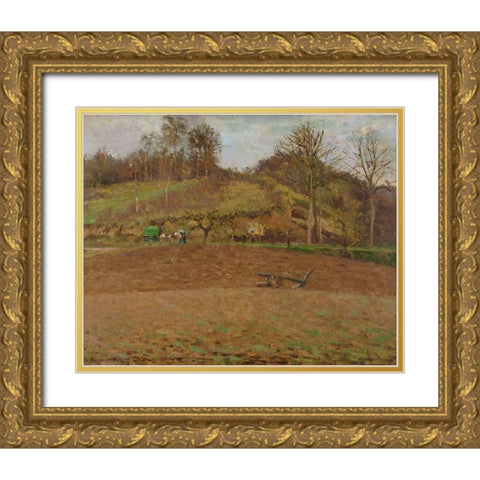 Ploughed land Gold Ornate Wood Framed Art Print with Double Matting by Pissarro, Camille