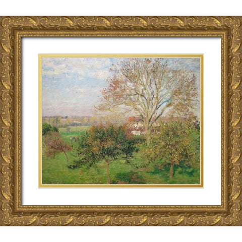 The Big Walnut Tree, Autumn Morning, Eragny Gold Ornate Wood Framed Art Print with Double Matting by Pissarro, Camille