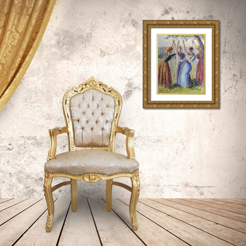 Peasant women planting Gold Ornate Wood Framed Art Print with Double Matting by Pissarro, Camille