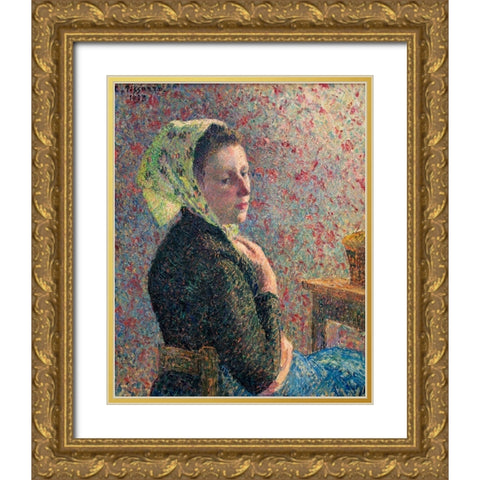 Woman with green scarf Gold Ornate Wood Framed Art Print with Double Matting by Pissarro, Camille
