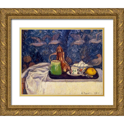 Still Life with a Coffeepot Gold Ornate Wood Framed Art Print with Double Matting by Pissarro, Camille