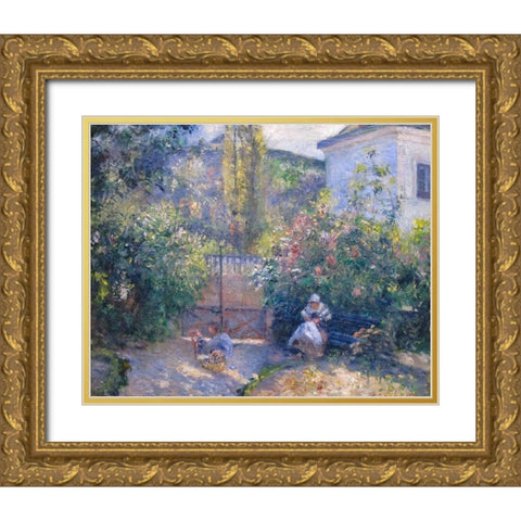Hermitage Garden, Maison Rouge Gold Ornate Wood Framed Art Print with Double Matting by Pissarro, Camille